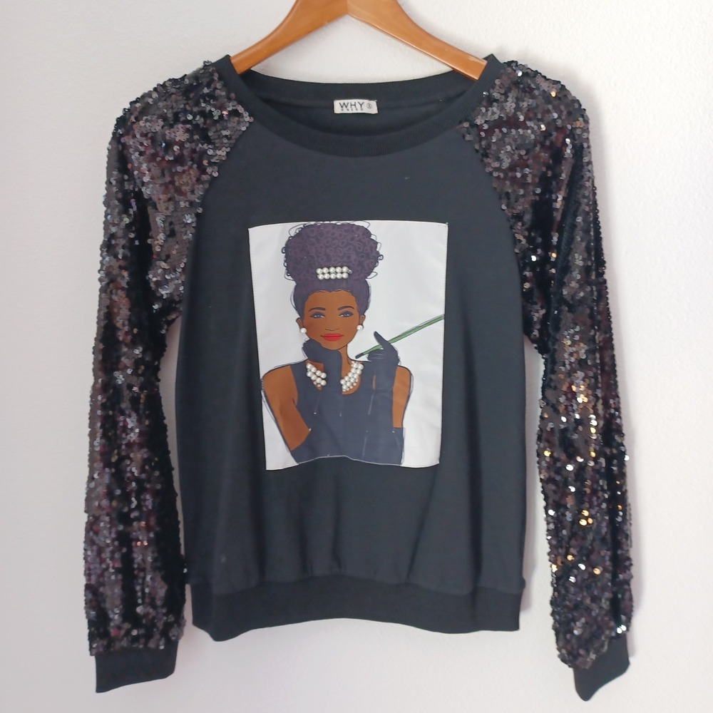 Why Dress Black Sequin Sleeve‎ Sweatshirt 3D Faux Pearl Graphic Pullover Small